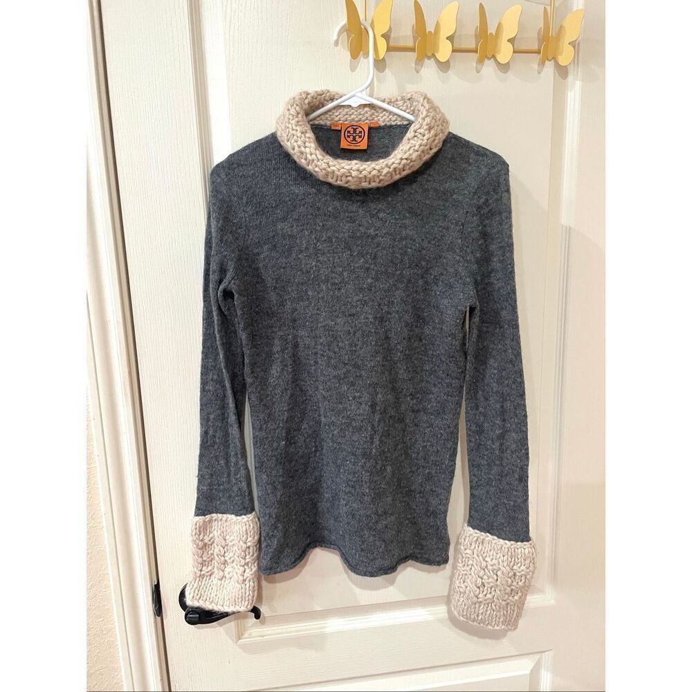 Tory Burch Grey & Off White Cable Knit Neck & Cuffs Turtleneck Sweater